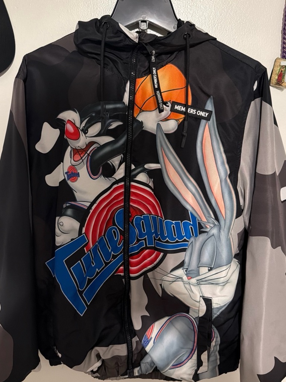 Members Only Black Tune Squad Graphic Hooded Windbreaker